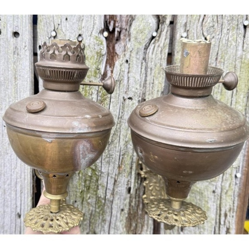 Antique Pair Brass Wall Sconce Oil Lamps Ornate Cast Metal J.B. 47 Victorian